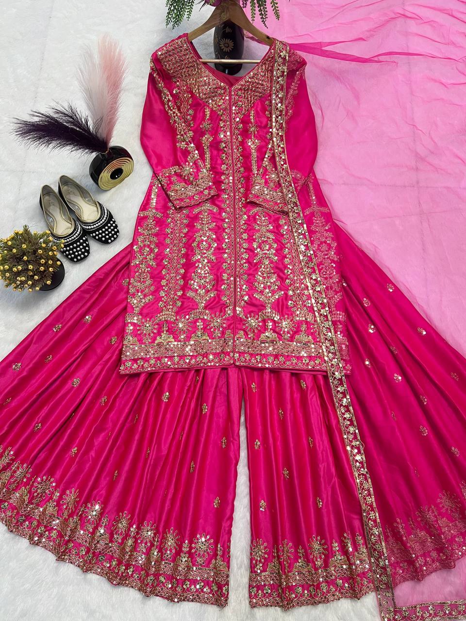 Modern Magenta Heavy Embroidered Ensemble